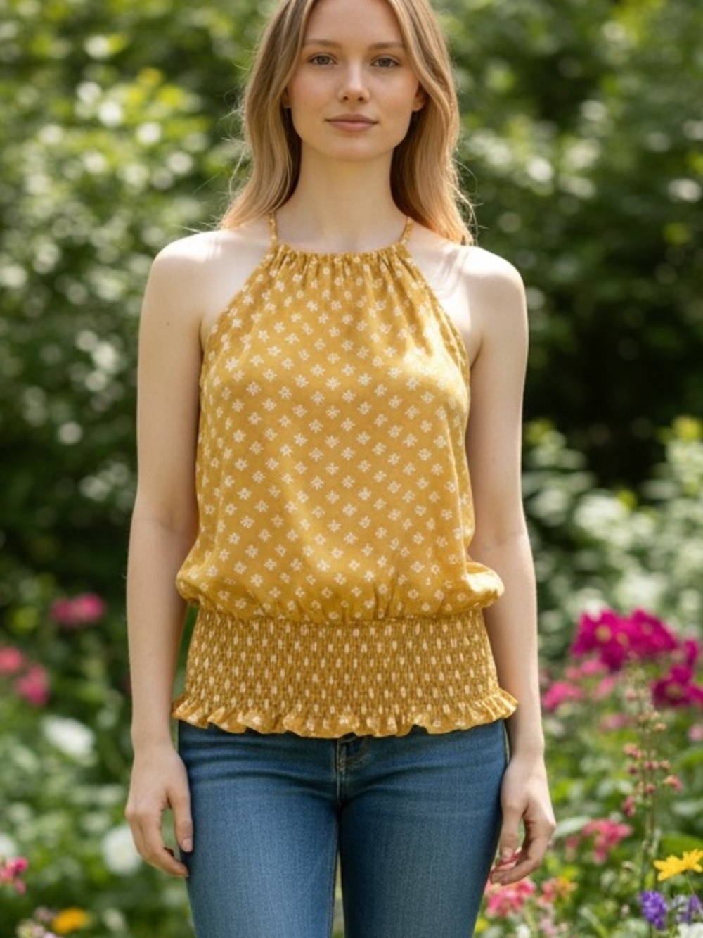 Daytrip Mustard Yellow Halter Smocked Tank Top